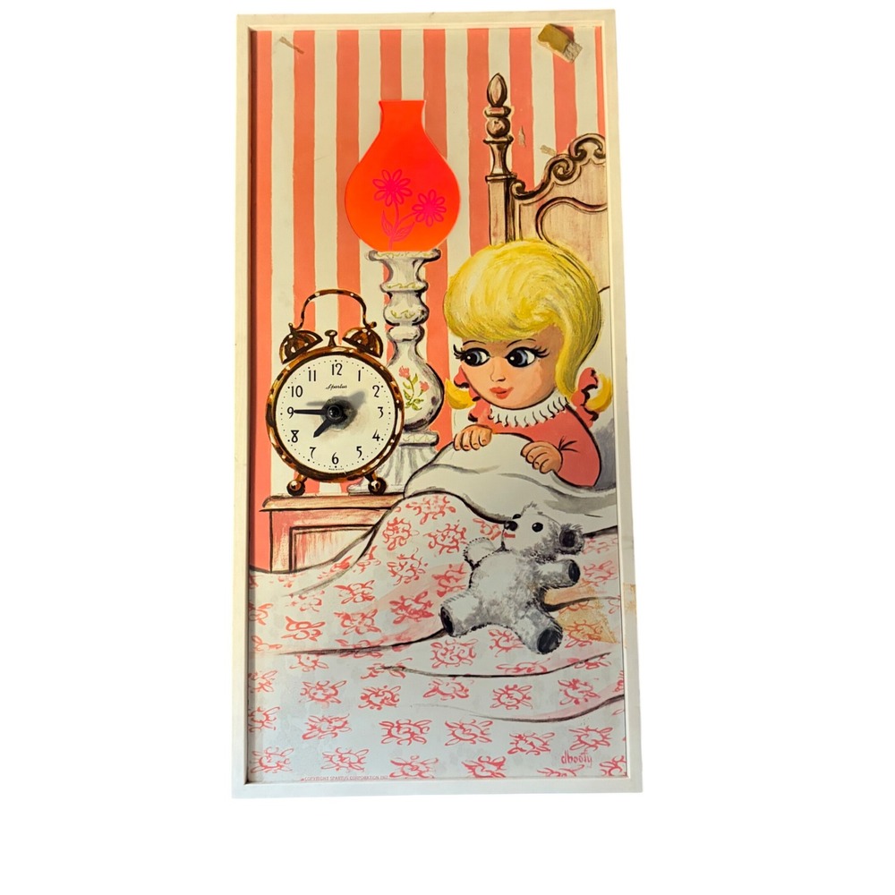 Vintage Spartus Big Eye Girl Electric Wall Clock Night Light Nursery Kitsch Art